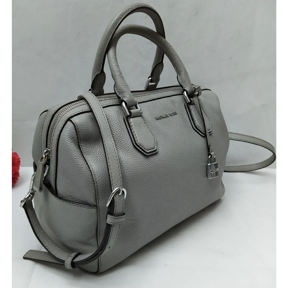Michael Kors Mercer Gray Pebbled Leather Double Handles Zipper Satchel Bag